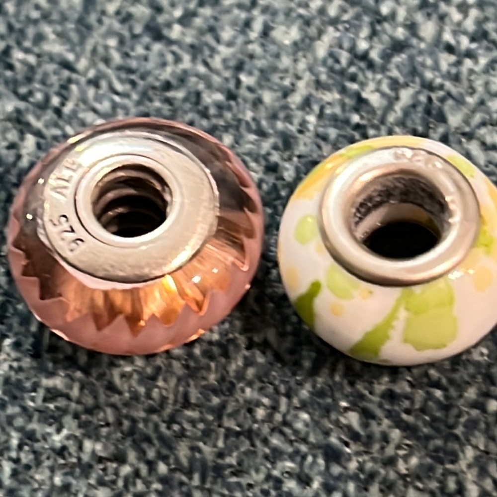 Pandora pink/white glass bead and non Pandora yellow flower bead.